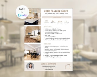 Customizable Real Estate Home Feature Sheet Template | Canva Flyer with Drag & Drop Frames | Video Tutorial Included | Real Estate Marketing