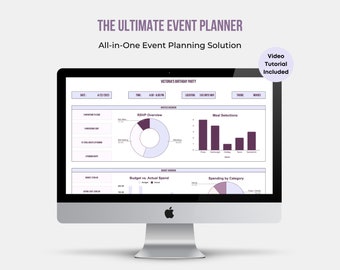 May include: A computer screen displaying a Google Sheet template for event planning. The sheet includes sections for RSVP overview, meal selections, budget vs. actual spend, and spending by category. The sheet is titled "The Ultimate Event Planner" and includes a video tutorial.