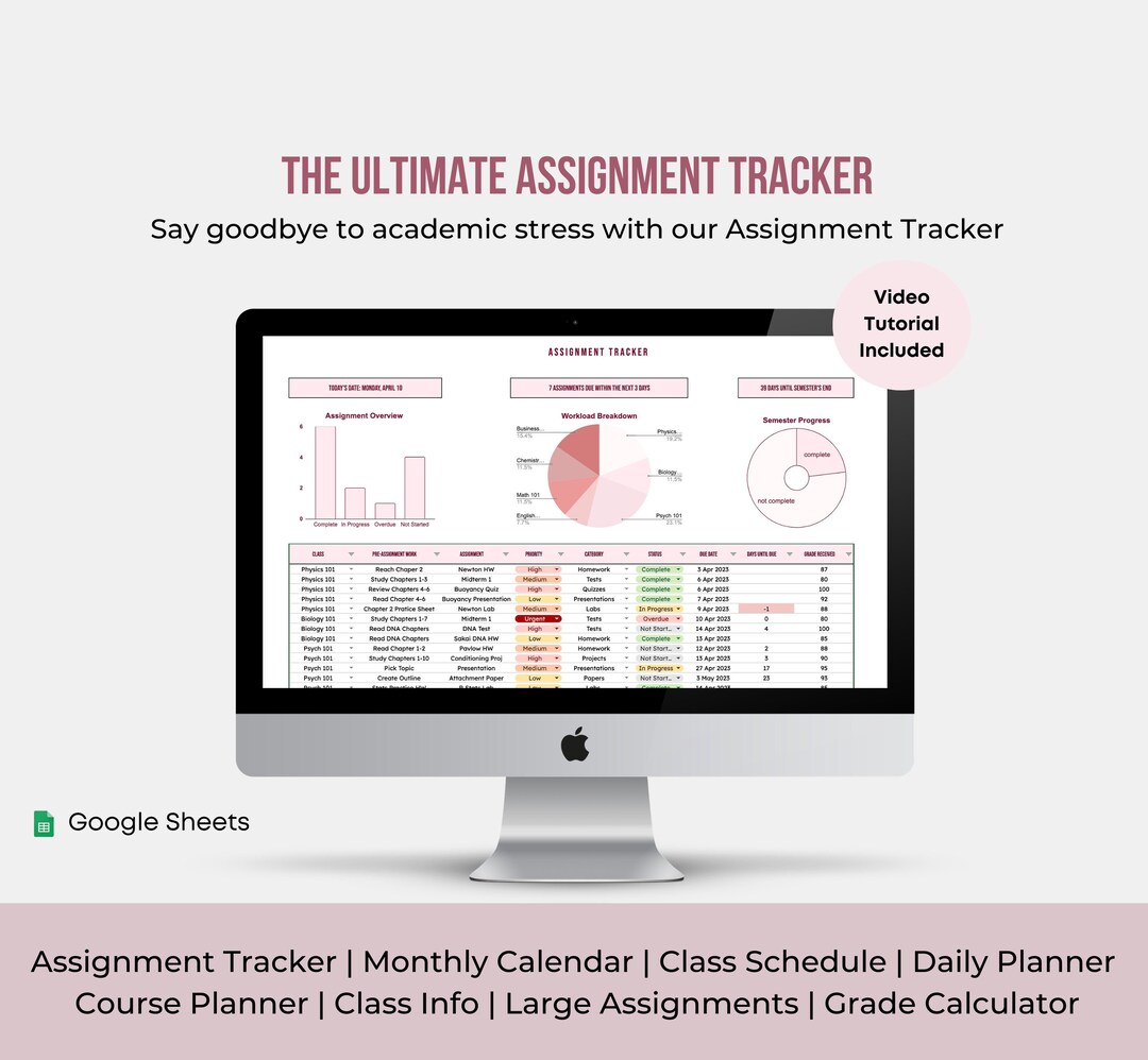 Assignment Tracker | Student Planner | Google Sheets Spreadsheet ...