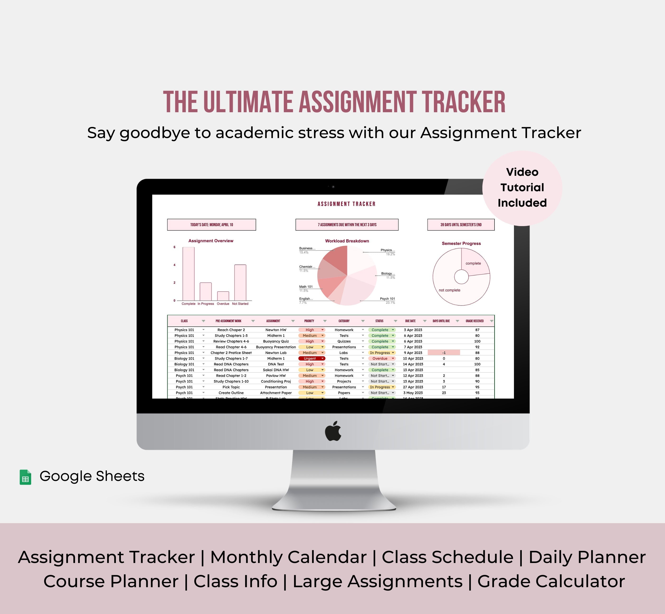 Assignment Tracker | Student Planner | Google Sheets Spreadsheet ...