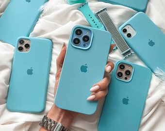 Coque de téléphone en silicone avec logo bleu turquoise pour iPhone 15 14 13 12 11 X 8 SE Mini Plus Pro Max, coque en caoutchouc solide unie vert clair bleu sarcelle