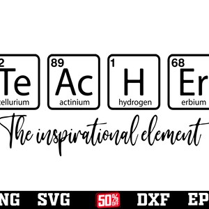 May include: Black and white graphic design featuring the periodic table elements Te, Ac, H, and Er, spelling out the word "Teacher". The text "The inspirational element" is below the elements.