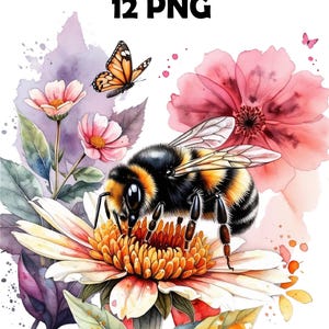 12 floral bee png, bee sublimation png, bee png, watercolor bee, sublimation designs, Digital Download
