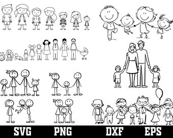 May include: Black and white stick figure illustrations of families with different configurations, including parents, children, pets, and a baby carriage. The illustrations are simple and stylized, perfect for use in scrapbooking, card making, or other craft projects.