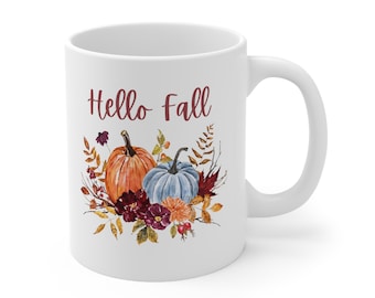 Hello Fall Coffee Mug, Floral Pumpkin Design