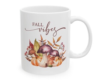 Taza de cerámica con ambiente otoñal, taza de café otoñal, calabaza y hongos, regalo de Acción de Gracias, taza de temporada