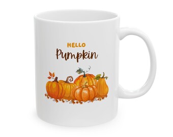 Hello Pumpkin Coffee Mug, Fall Holiday Cup