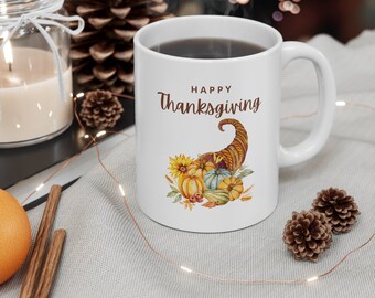 Fall Cornucopia Ceramic Coffee Mug, Thanksgiving Gift
