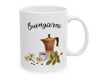 Buongiorno Coffee Mug: Italian Saying, Coffee Art