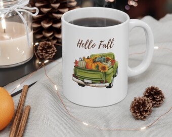 Hello Fall Pumpkin Truck Mug, Country Thanksgiving Coffee Mug