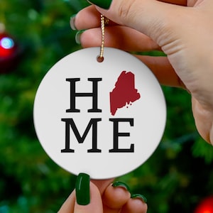 Maine, estado, HOGAR, adorno de cerámica, redondo, mapa, casa de campo, árbol, decoración, familia, vacaciones, Navidad, Mainer, Maniac, decoración, regalo,