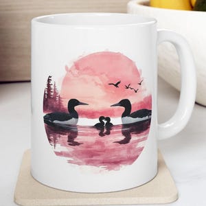 Loon family pink LAKE sunset Ceramic Mug, (11oz, 15oz) cup, camp, gift, mom, dad, decor, cabin, bird, coffee, baby, parents, sunrise, cute,