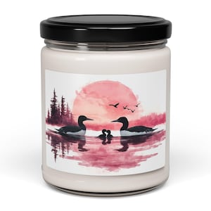 Loon, family, mother, father, chick, Scented, Soy, Candle, Lake, Sunrise, Nature, Gift, Home, Decor, Aromatherapy, Cabin, Decor, camp, mom,