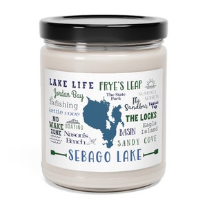 Big SEBAGO, Lake, highlights, Scented Soy Candle, 9oz, gift, wedding, sandbar, camp, vacation, souvenir, sandy cove, Frye, locks, beach,