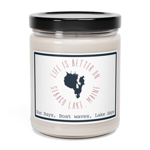 Lac Sebago, Maine, carte, bougie de soja parfumée, 9 oz, La vie est meilleure, décoration, maison, cadeau, camp, chalet, vacances, souvenir, mariage, cadeau, maman