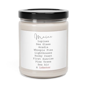 Maine, Scented Soy Candle, 9oz, list, lupines, coast, lobster, pine trees, sea, state, souvenir, type text, gift, family, favor, holiday,