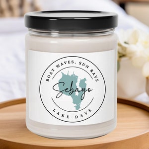 Vela de soja perfumada, lago Sebago, 9 oz, Maine, ME, regalo, campamento, cabaña, cumpleaños, feriado, vacaciones, decoración, hogar, naturaleza, mapa, mamá