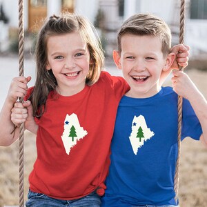 Maine, Juventud, bandera de 1901, niños, camiseta de manga corta, camiseta, pino, estrella azul, mapa, regalo, familia, vacaciones, reunión, partido, hija, hijo
