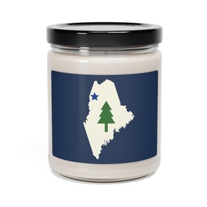 Maine, Estado, Esquema del mapa, Bandera de 1901, Vela de soja perfumada, 9 oz, pino, árbol, estrella azul, regalo, feriado, cumpleaños, boda, favor, recuerdo,