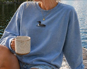 Embroidered Loon Sweatshirt, Comfort Colors Crewneck, Lake Life Sweatshirt with Red Eye Detail, Bird Lover Gift, Camp Pullover, cabin, mom