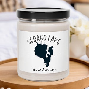 Sebago, Lake, Maine, carte, parfumée, bougie de soja, 9 oz, cadeau, décoration, maison, souvenir, famille, maman, mariage, douche, personnaliser, vacances, anniversaire
