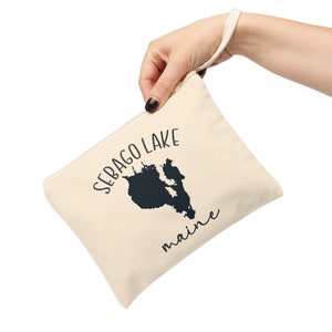 Sebago, Lac, carte, accessoire, fermeture éclair, pochette, sac, maquillage, sac à main, pochette, Maine, moi, cadeau, maman, voyage, souvenir, vacances, mariage, vacances