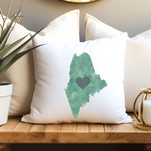 Maine Watercolor style green state, blue heart, Spun Polyester Square Pillow, cottage, coastal, accent, family, decor, vacation, roots, love