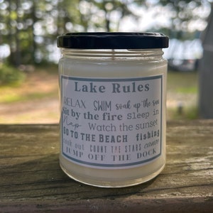 Lake Rules, blue text, Scented Soy Candle, 9oz, camp, cottage, family, camping, swimming, sun, mom, gift, dad, parents, joke, funny, home,
