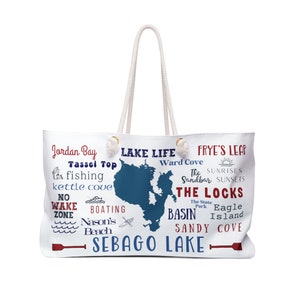 Sebago, Lake, Weekender, Bag, Maine, ME, Highlights, individualisierbar, Geschenk, Familie, Camp, Urlaub, Souvenir, Mama, Papa, Tote, Frye, Becken, Seil
