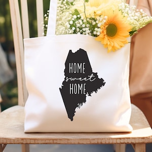 Maine State Home Sweet Home, black farmhouse style, Cotton Canvas Tote Bag, family reunion, souvenir, holiday, birthday, mom, gift bag, cute