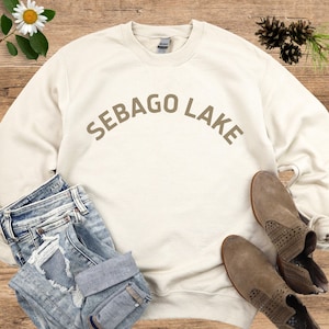 SEBAGO LAKE sweatshirt, crewneck, shirt, Maine, ME, gift, mom, camp, cottage, cabin beige block text, Portland, unisex clothing gear camping