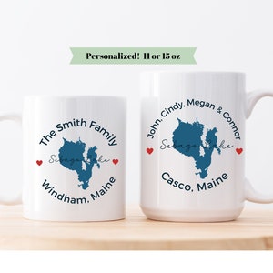 CUSTOM, Personnalisé, Big Sebago, Lac, carte, tasse en céramique, tasse, famille, nom, cœur, amour, cadeau, maman, faveur, vacances, anniversaire, Noël,