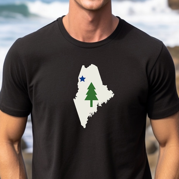 Maine 1901 state Flag graphic with pine tree and blue star t-shirt Unisex Jersey Short Sleeve Tee his hers friend gift guys girls holiday
