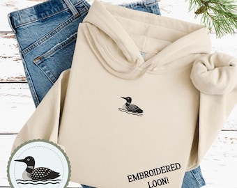Embroidered LOON hoodie hooded Unisex Sweatshirt men women mom dad gift camp lake pond bird birder watcher nerd embroidery house stitched