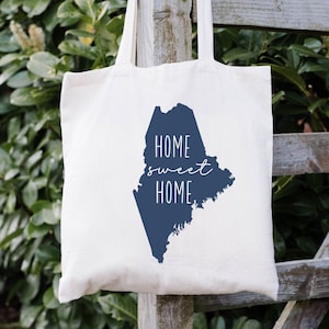 Maine Home Sweet Home Navy Cotton Canvas Tote Bag, estado, familia, reunión, maestro, grupo, raíces, Mainer, mapa, costero, montañas, mamá, lindo
