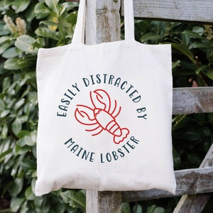 Easily Distracted by, Maine, Lobster, red, Cotton Canvas Tote Bag, gift, family, souvenir, vacation, funny, joke, ME, Mainer, tourist, food