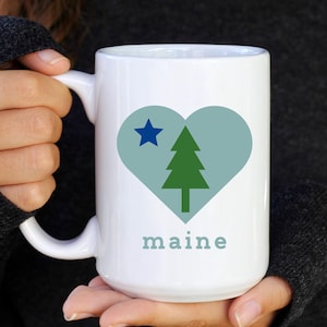Maine 1901 flag style, heart, ME, Ceramic Mug, (11oz, 15oz), pine tree, star, gift, mom, dad, woods, camping, vacation, souvenir, cup, love