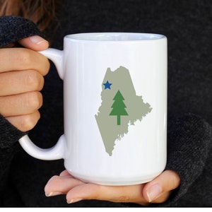 Maine ME flag 1901 coffee tea Mug cup 15oz pine tree blue star on gray graphic of state, holiday birthday gift family mainer Maniac vacation