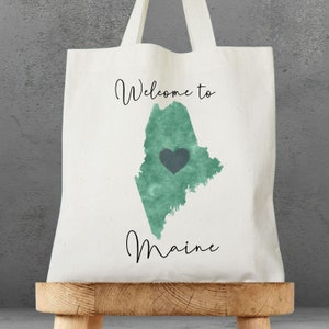 Bienvenue dans le Maine, carte verte de style aquarelle, coeur bleu, sac fourre-tout en toile de coton, cadeau, mariage, vacances, maison, invités de l'étranger, mignon