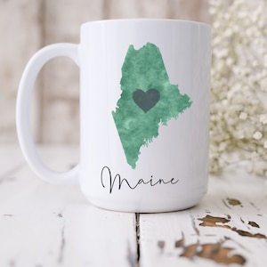Style aquarelle du Maine, verre de mer vert, cœur bleu, tasse à thé au café en céramique 15oz, cadeau, cadeau, maman, enseignant, mariage, faveur, souvenir,