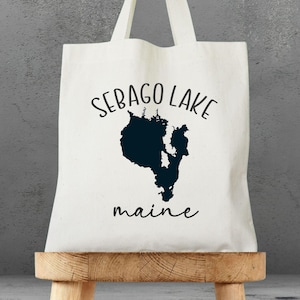 Sebago, lago, mapa, algodón, lona, bolso, bolsa, regalo, recuerdo, vacaciones, boda, personalizar, campamento, cabaña, mamá, mejor, YO, Mainer, viaje,