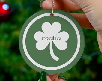 CUSTOM, Personalized Last Name, Shamrock Ceramic Ornament, Irish family, Holiday, Christmas, Green, White, Ireland, clover, tree decor, Eire