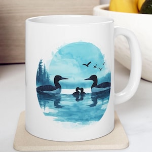 Loon family blue LAKE sunset Ceramic Mug (11oz, 15oz) cup, camp, gift, mom, dad, decor, cabin, coffee, baby, wildlife, sunrise, nature, bird