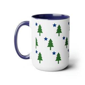 Maine, 15 oz MUG, 1901 flag style, pine tree, blue star, Two-Tone, Coffee, cup, gift, Mainer, Souvenir, vacation, camp, cottage, ME, favor,