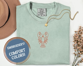 Embroidered Lobster Comfort Colors outline Unisex Garment Dyed T-shirt tee Maine Down East Coast nautical New England gift vacation mom dad