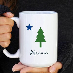 Maine 1901 flag, white Ceramic Mug 15oz, pine tree, blue star, gift, souvenir, family, group, business, vacation, cup, state, coffee, mom