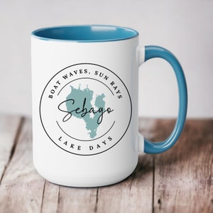 Big Sebago, Lake, Maine, ME, tasses à café bicolores, 15 oz, cadeau, maman, fête des mères, tasse, camp, cabane, famille, décoration, cuisine, café, carte,