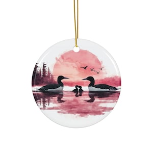 Ceramic Ornament, Loon Family at Sunset on a Lake - Holiday Decoration, Christmas Ornament, Gift Idea, Home Decor, Wildlife Lover&#39;s Gift