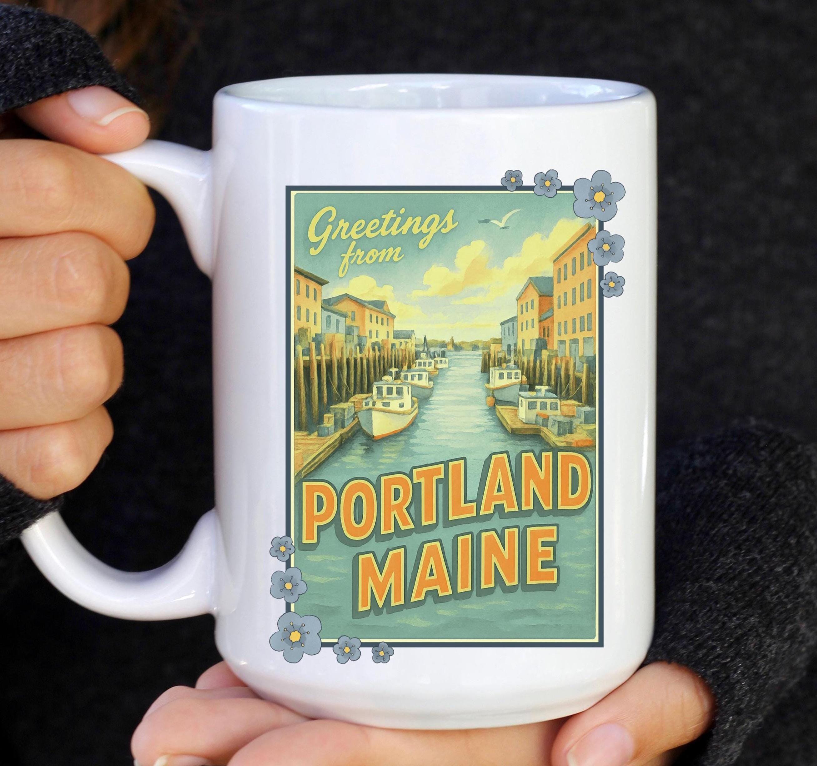 Portland Maine Ceramic Mug, (11oz, 15oz) cup ME Greetings souvenir coffee vacation gift trip wedding birthday mom dad  boat ocean waterfront