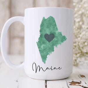 Maine Watercolor Style, Sea Glass Green, Blue Heart, Ceramic coffee tea Mug 11oz or 15oz, gift, mom, teacher, wedding, favor, souvenir, cute
